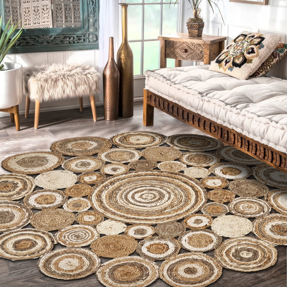 Ox Bay Cora 7'6" Round Beige and Brown Braided Circles Jute Indoor Area Rug - Image 3