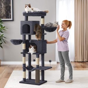 LEDREM 69-inch Cat Tree, Multi-Level Cat Condo with Caves, Baskets, Scratching Posts, Hammock & Perch, Self-Groomer, Dark Gray