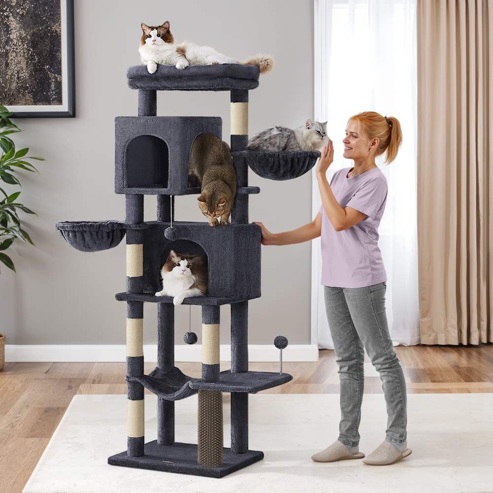 LEDREM 69-inch Cat Tree, Multi-Level Cat Condo with Caves, Baskets, Scratching Posts, Hammock & Perch, Self-Groomer, Dark Gray