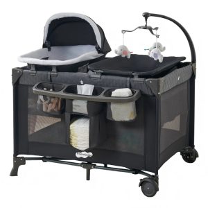 Pamo Babe 4-in-1 Baby Playard with Bassinet & Changing Table for Newborn,Grey