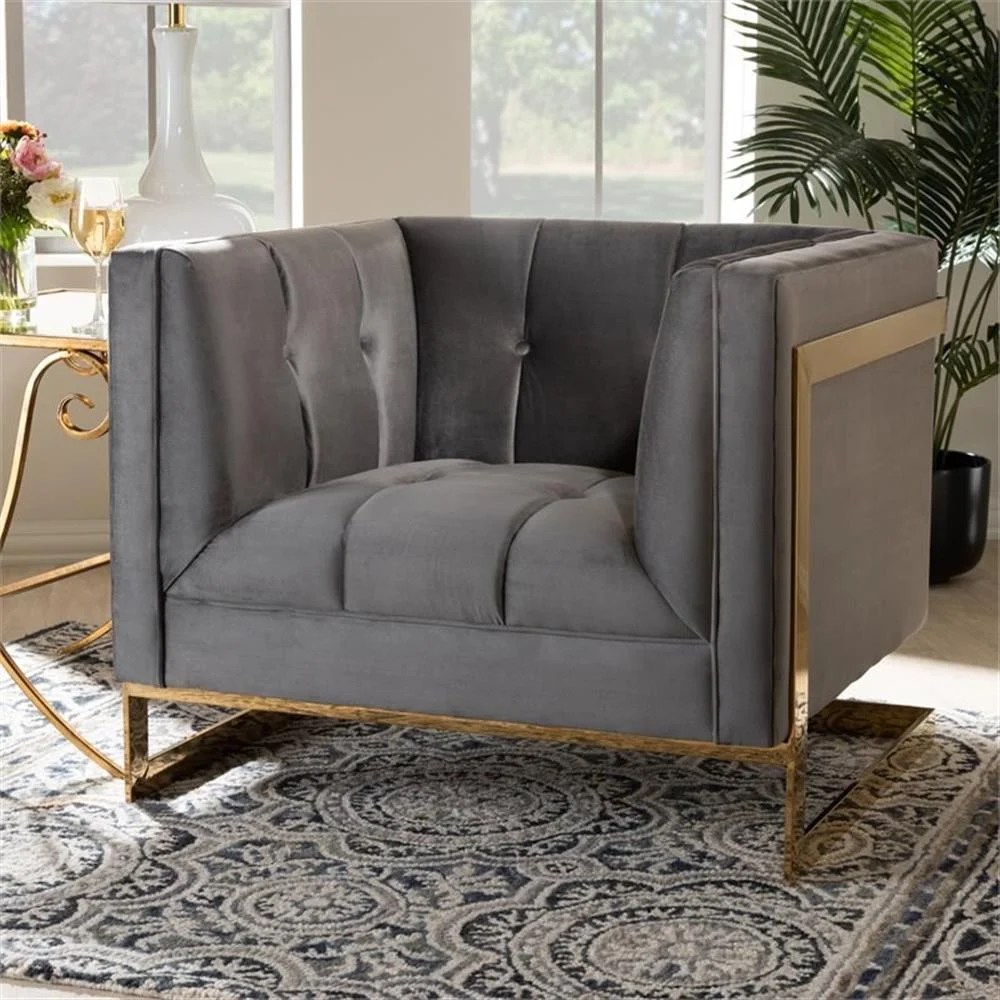 Baxton Studio Ambra Glam and Luxe Grey Velvet Fabric Upholstered and Button Tufted Armchair with Gold-Tone Frame - Image 6