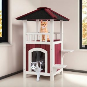 Pefilos 41" 2-Story Wooden Cat House with Asphalt Roof and Rain Curtain,  Outdoor Cat Shelter,  Feral Rainproof Kitty Cat Condo,  Red