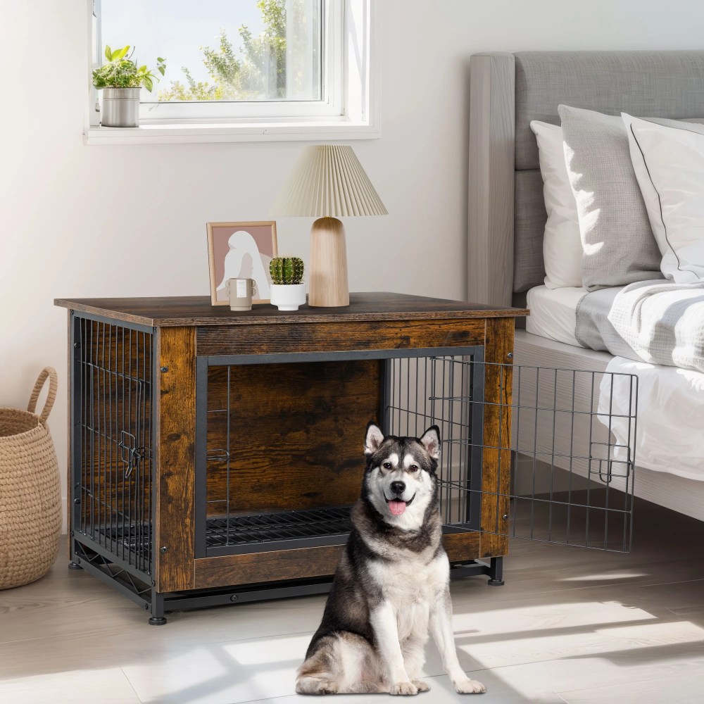 Walsunny Wooden Dog Crate Furniture, Double-Doors Kennel Indoor with Divider and Removable Tray, End Table Dog Crate for Decoration 38.6"L x 25.6"W x 26.8"H, Brown - Image 4