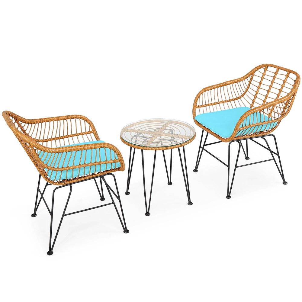 Gymax 3PCS Rattan Patio Bistro Set Conversation Furniture Set w/ Turquoise Cushions - Image 5