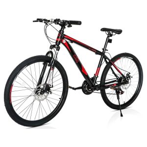 26 Inch Mountain Bike 21-Speed Disc Brakes Thickened Shock-Absorbing Front Fork High Carbon Steel Frame with Adjustable Saddle Red Black