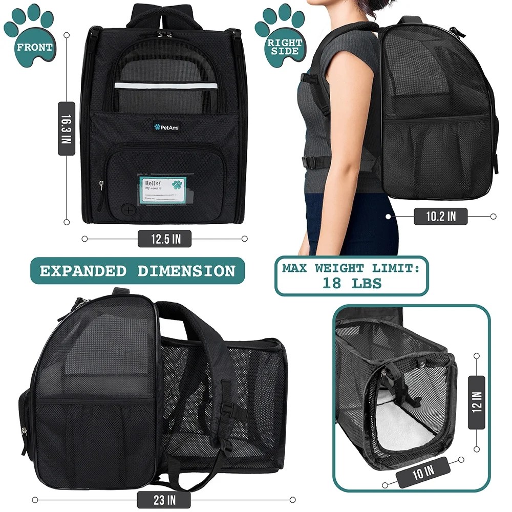 PetAmi Expandable Dog Backpack Carrier for Cats & Pets, Breathable Cat Carrier Backpack with Top Window & Multi-Entry, Ventilated Foldable Travel Carrier for Small Medium Pets up to 18 lbs, Black - Image 3