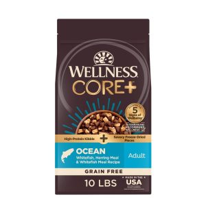 Wellness CORE Adult Dry Dog Food with Freeze Dried Pieces,  Grain Free Kibble,  Natural,  High Protein,  Chicken Free,  Whitefish,  Herring,  and Salmon Recipe,  10 lb Bag