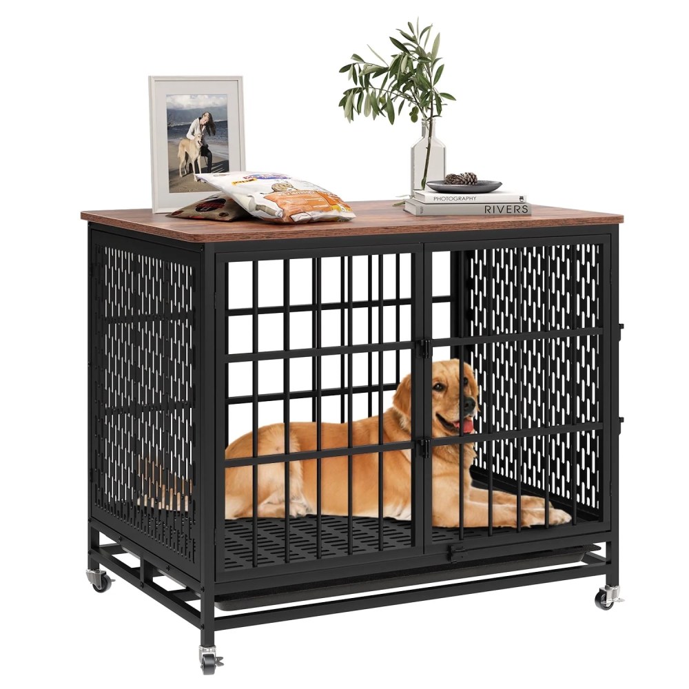 Winkalon 42 Inch Large Dog Crate Rustic Style Furniture Dog Cage Crate with 3 Doors and 4 Wheels Heavy-Duty Kennel, Brown