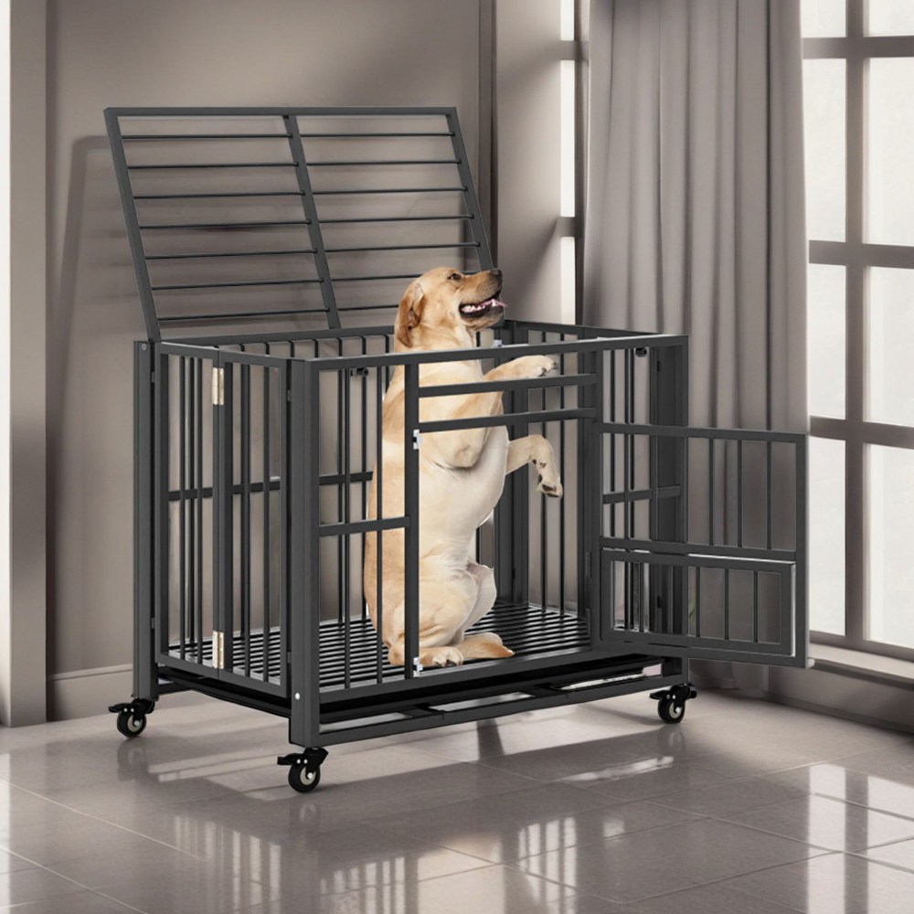 Pefilos 37" Foldable Heavy Duty Dog Cage, Metal Escape Proof Kennel, Chew-proof Dog Crates for Medium Dogs with Tray, Black - Image 6