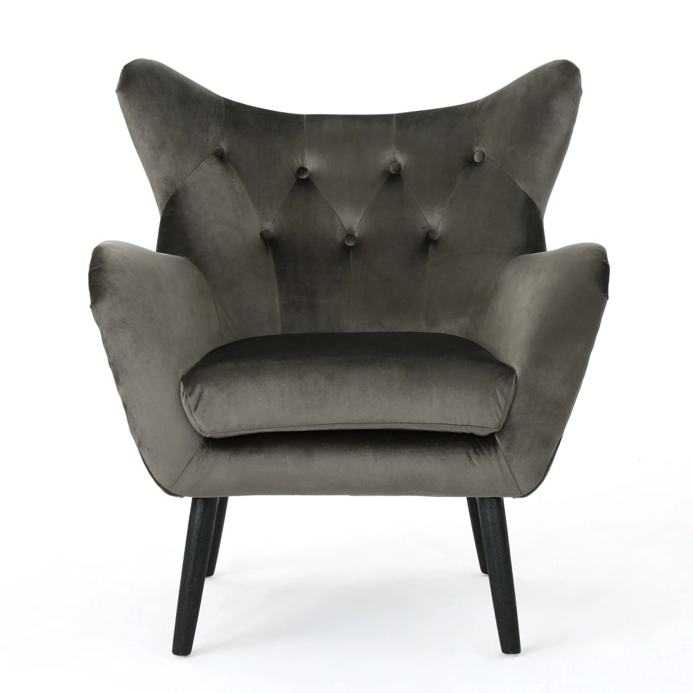 Noble House Ochoa Mid Century Modern Velvet Armchair in Grey with Oak Wood Legs - Image 6