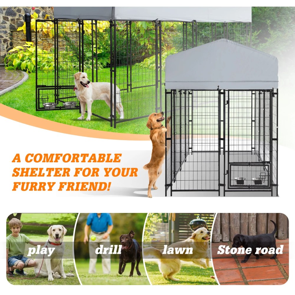Magic Union 8x4x6 FT Outdoor Dog Kennel with Roof Cover, Heavy Duty Dog House Outside with Lockable Door, Indoor Dog Playpen Outdoor Dog Cage Pen Pet Fence with 2 Rotating Feeding Bowls for Large Do - Image 6