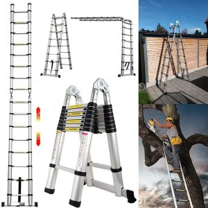 16.5FT Aluminum Telescoping Extension Ladder 330lbs Max Capacity Lightweight Portable Multi-Purpose Folding with Support Bar Anti-Slip EN131 Certificated