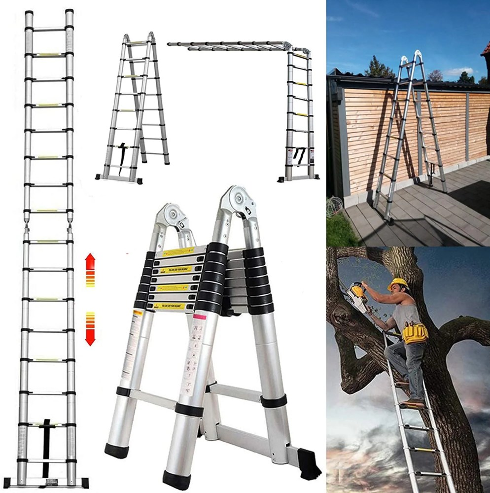 16.5FT Aluminum Telescoping Extension Ladder 330lbs Max Capacity Lightweight Portable Multi-Purpose Folding with Support Bar Anti-Slip EN131 Certificated