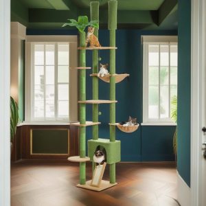 Pefilos Floor to Ceiling Cat Tree Tower Ajustable Height (90.5"100.4") 6 Tiers Cactus Cat Tree House with Cat Condo Hammock and Sisal Covered Post for Indoor Cats,  Green