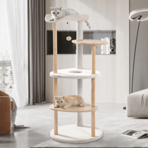 Pefilos 49 Inches Multi-Level Cat Tree Modern Cat Tower Wooden Activity Center with Scratching Posts Cat Tree Tower for Indoor Cats,  Beige