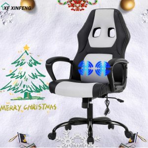 XF XINFENG Gaming Ergonomic Office Chair,250lbs Capacity PU Leather Computer Chair with Lumbar Massage,Height Adjustable 360'Swivel Racing Chair,White