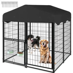 Jhsomdr Outdoor Dog Kennel, 4.2ft x 4ft x 4.5ft Welded Wire Dog Cage Dog Crate with Rotating Feeding Door and Bowls, Heavy Duty Large Dog Kennel Dog Run Enclosure with UV-Resistant Oxford Cloth Roof