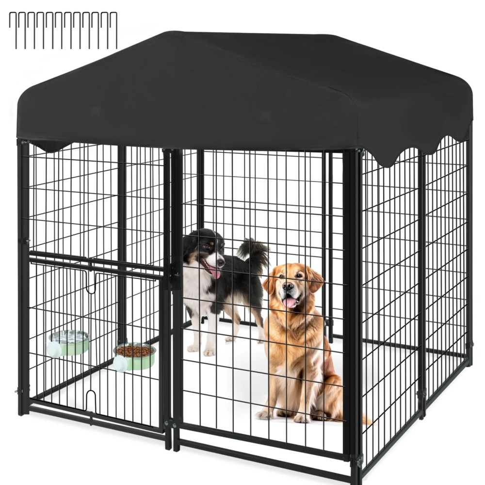 Jhsomdr Outdoor Dog Kennel, 4.2ft x 4ft x 4.5ft Welded Wire Dog Cage Dog Crate with Rotating Feeding Door and Bowls, Heavy Duty Large Dog Kennel Dog Run Enclosure with UV-Resistant Oxford Cloth Roof