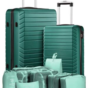 2 Piece Travel Luggage Sets (20"&28") Hardside Suitcase with 7PC Organizer Bags, Green