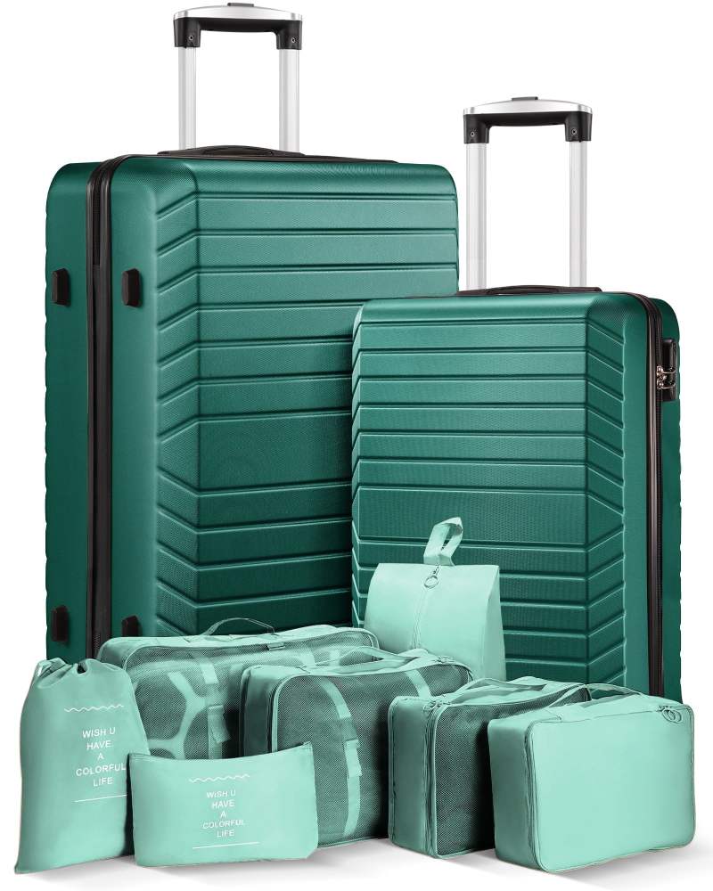 2 Piece Travel Luggage Sets (20"&28") Hardside Suitcase with 7PC Organizer Bags, Green
