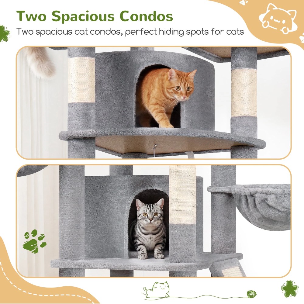 Globlazer 80in Heavy Duty Cat Tree for Large Cats, Multi-Level Cat Furniture Activity Center with 2 Condos, 2 Hammocks, 3 Perches & Sisal Scratching Posts, Light Grey - Image 6