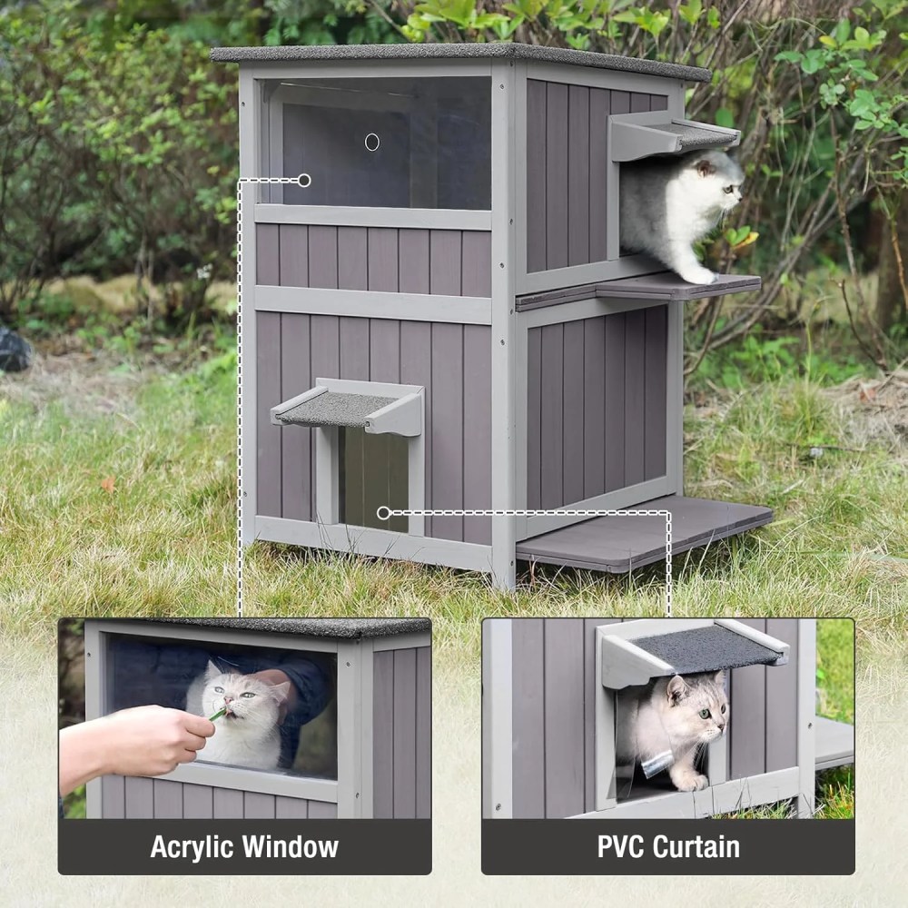 Outdoor Cat House Weatherproof, 2-Storys Feral Cat House with 2 Escape Doors and Window, Stray Cat Shelter with 2 Large Side Doors and Removable Floor - Image 4
