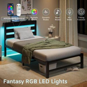 Yoneston Twin Size Bed Frame with LED Night Storage Headboard and USB Charging Station,11" Black Duty Metal Platform Bed for Kids Childs Teens