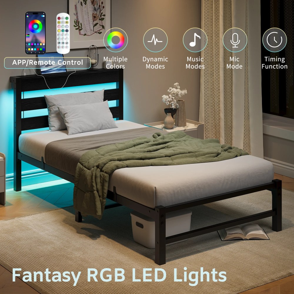Yoneston Twin Size Bed Frame with LED Night Storage Headboard and USB Charging Station,11" Black Duty Metal Platform Bed for Kids Childs Teens