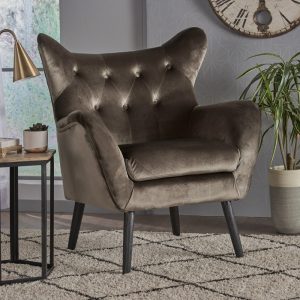 Noble House Ochoa Mid Century Modern Velvet Armchair in Grey with Oak Wood Legs