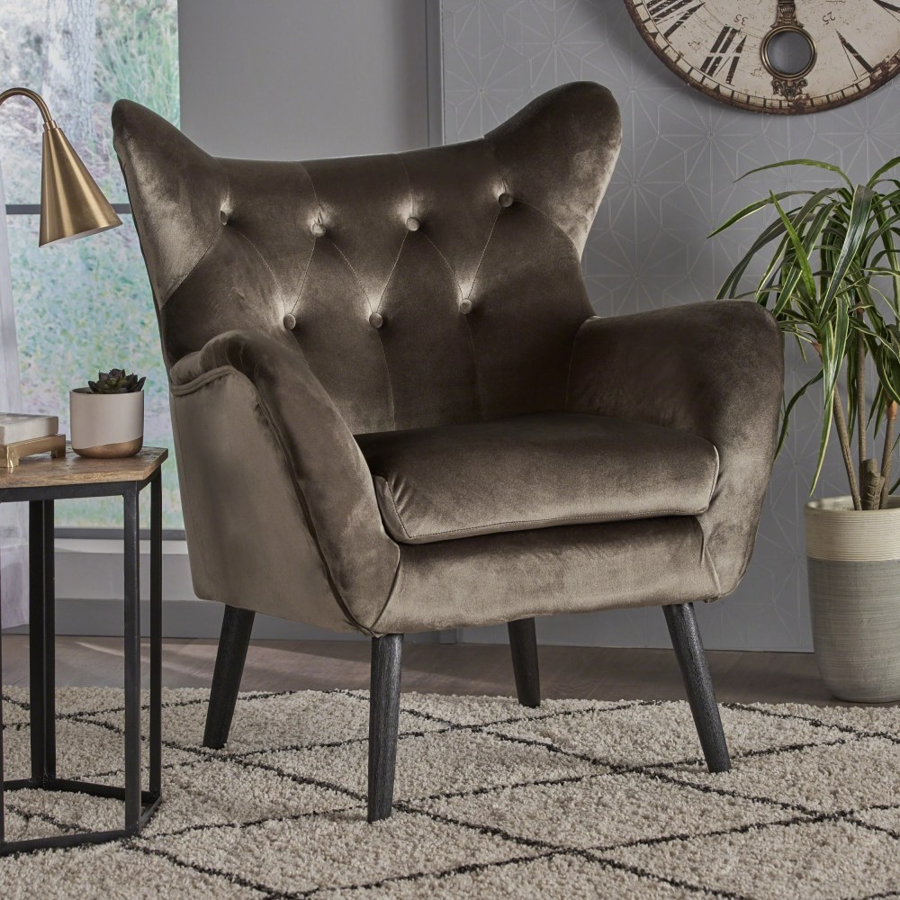 Noble House Ochoa Mid Century Modern Velvet Armchair in Grey with Oak Wood Legs