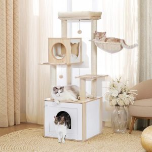 Pefilos 56" Modern Wood Cat Tree for Indoor with Litter Box Enclosure and Cat Condo, Large Cat Tree Tower, Beige
