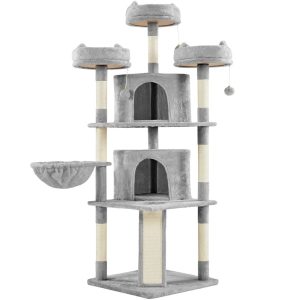 Alden Design 68.5"H Large Multilevel Cat Tree Tower with Condos and Perches,  Light Gray