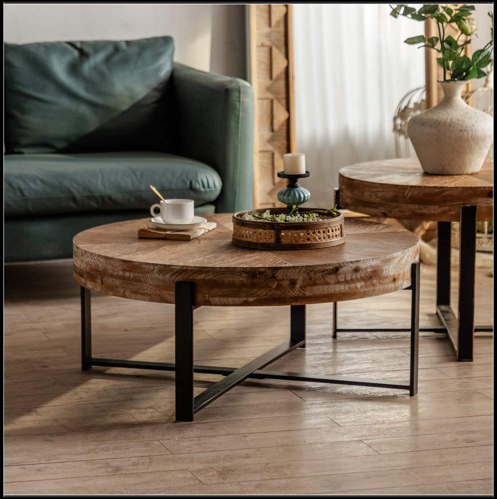 31.29"Modern Retro Splicing Round Coffee Table,Fir Wood Table Top with Black Cross Legs Base(Same SKU:W75770652)