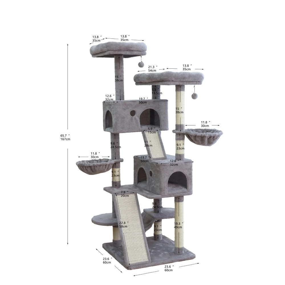 Vibrant Life Heavy Duty 8-Level 66" Cat Tree with Two Condos, Scratching Ramps, and Hammocks, Light Gray - Image 8