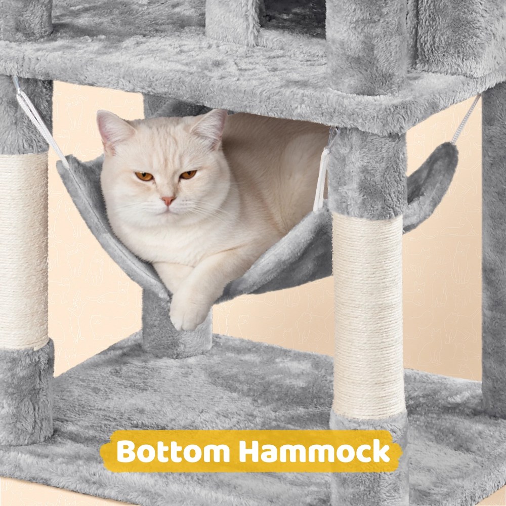 Alden Design 67" H Multi-Level Cat Tree Tower with 2 Cat Condos & Hammock Basket, Light Gray - Image 6