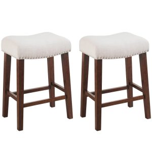 24 Inch Counter Height Bar Stools Set of 2 Saddle Barstools for Kitchen Island,Kitchen Stools with Nailhead Trim,Beige