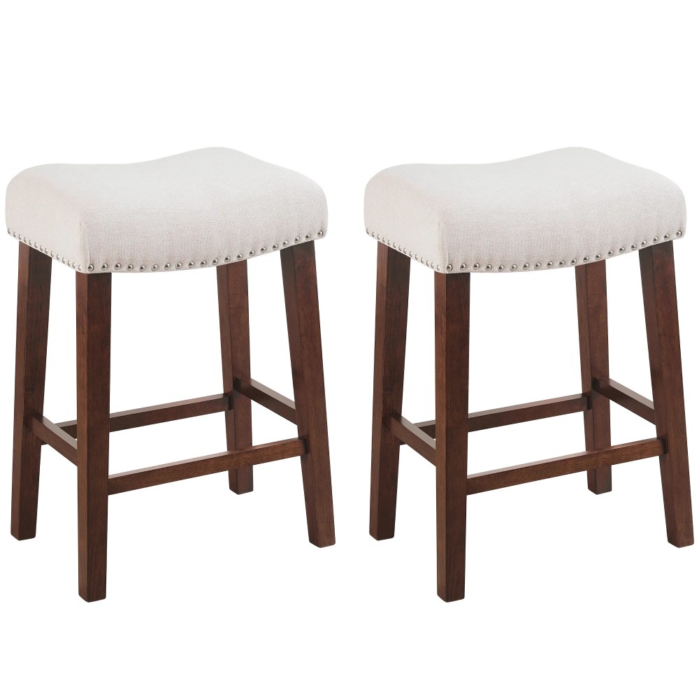 24 Inch Counter Height Bar Stools Set of 2 Saddle Barstools for Kitchen Island,Kitchen Stools with Nailhead Trim,Beige
