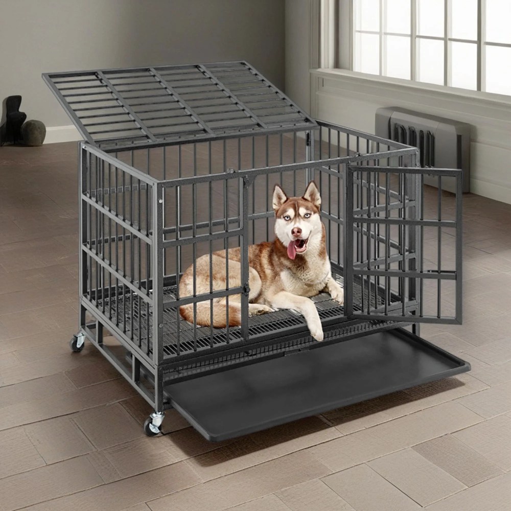 Pefilos 38 Inch Heavy Duty Dog Crate, Escape Proof Dog Cage Kennel with Lockable Wheels, Large House Indoor for Large Dog with Removable Tray, Black, M - Image 3