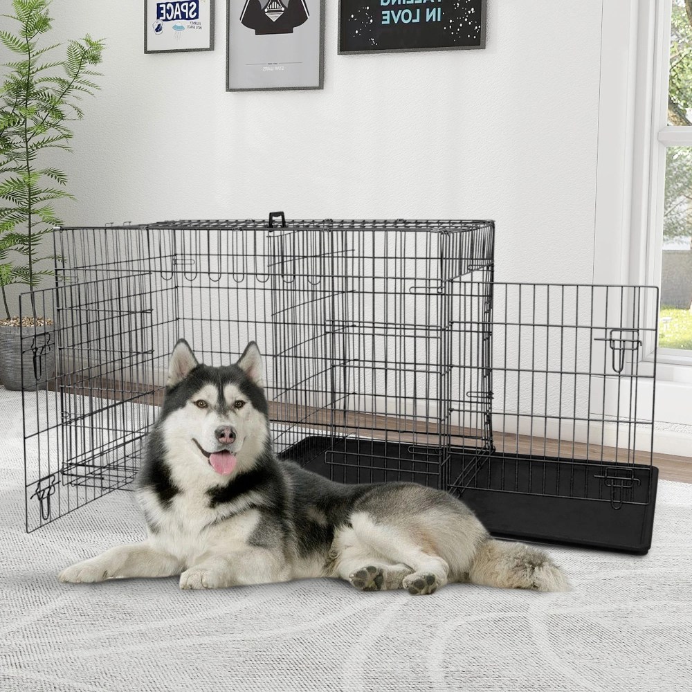 YRLLENSDAN 48 inch Dog Crate, Dog Crates and Kennels for Big Dog Foldable Large Dog Crate for Large Dogs with Handle Double-Door Outdoor Metal Wire Dog Cage with Plastic Tray for Medium Dogs, Black - Image 7