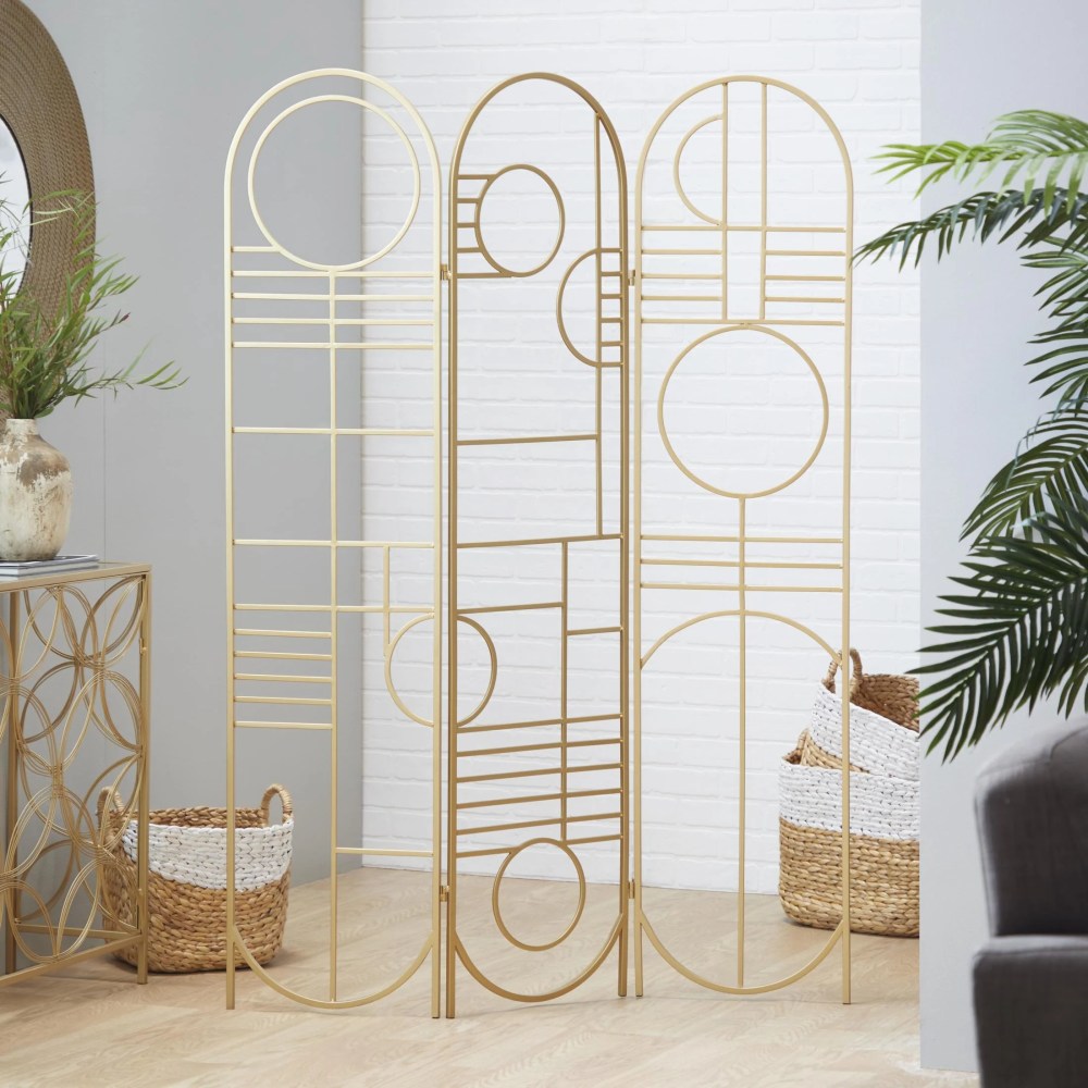 DecMode Modern 3 Panel Metal Room Divider Screen with Geometric Pattern and Gold Finish, 50"W x 69"H - Image 4
