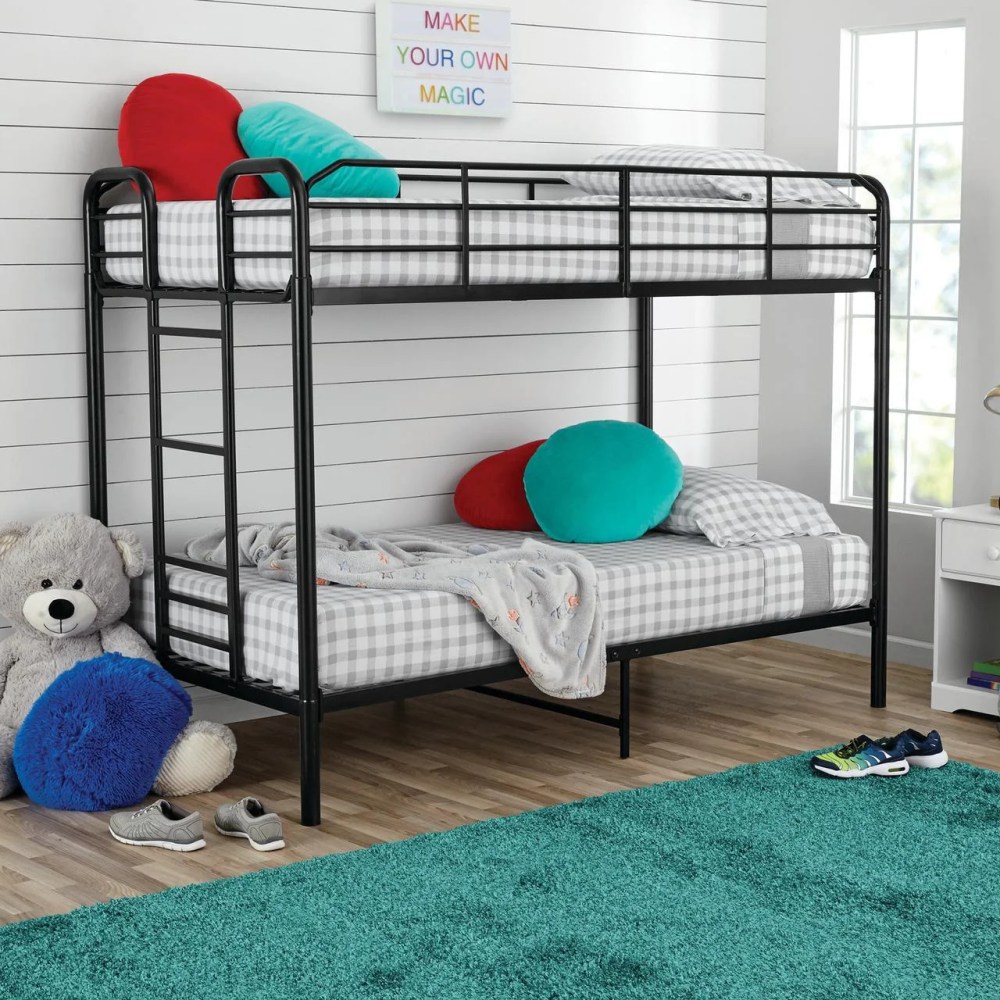 Your Zone Kids Metal Twin over Twin Quad Bunk Bed with Ladder and Guardrails,Black