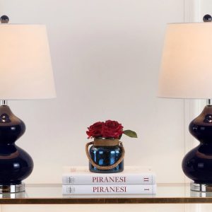 SAFAVIEH Eva 24 in. Navy Glass Table Lamp with Off-White Cotton Shade, Set of 2