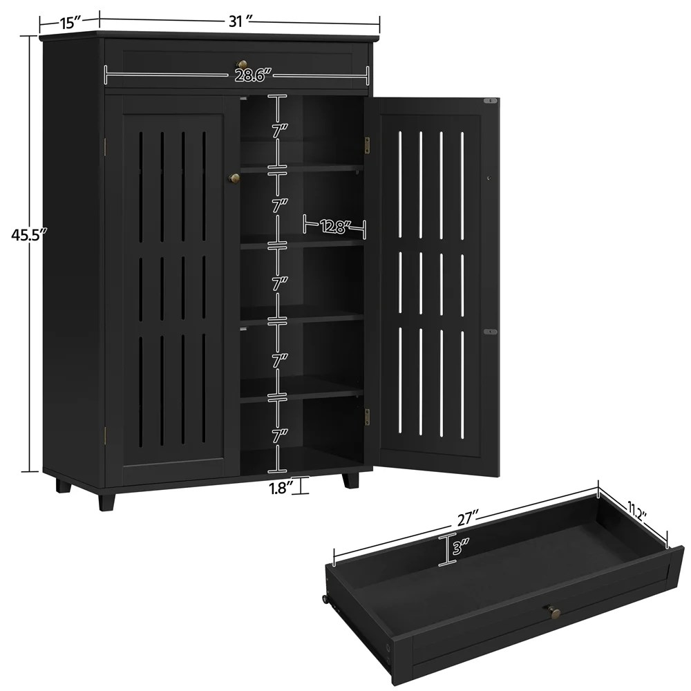 Renwick 5-Tier Shoe Storage Cabinet with Louvered Door & 1 Drawer for Livingroom Entryway, Black - Image 6