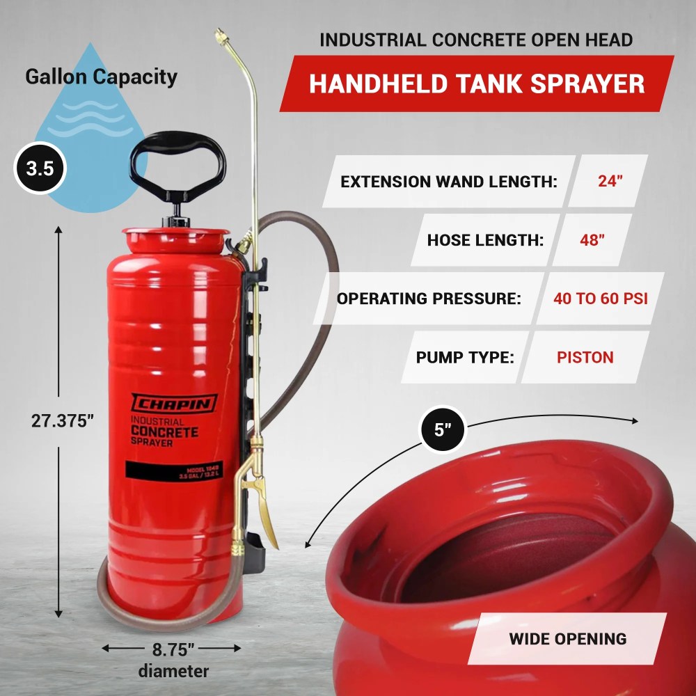 Chapin 1949 3.5 Gallon Tri-Poxy Industrial Open Head Sprayer for Professional Concrete Applications with All Brass Components, Red - Image 3
