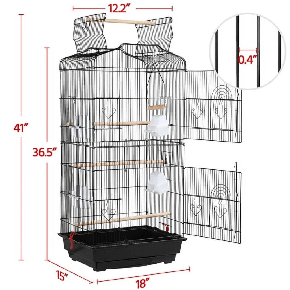 Alden Design Large 41" Metal Bird Cage with Play Top for Parakeets and Lovebirds, Black - Image 3