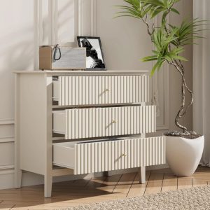 Sunvivi Large Chest of 3 Drawers,Modern Dresser with Ball Bearing Slide,Beige