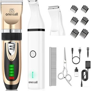 Oneisall Dog Clippers and Dog Paw Trimmer Kit 2 in 1 Low Noise Cordless Dog Clippers for Grooming Pet Hair Trimmers for Small and Large Dogs Cats Animals