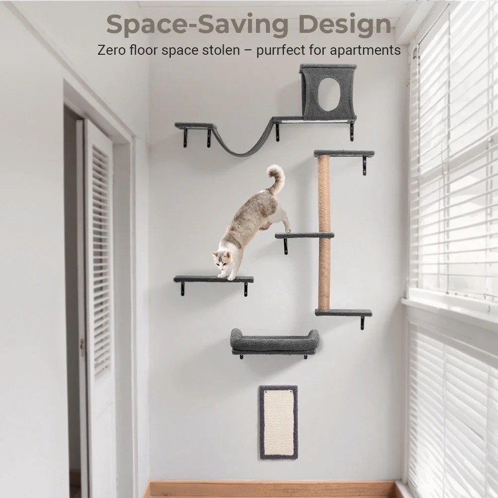 Cat Wall Shelves Perches Set, DOMIPET 5 in 1 Wall Furniture, Sleeping Playing Lounging Climbing Wall-mounted Cat Tree House for Multiple Cats - Image 6