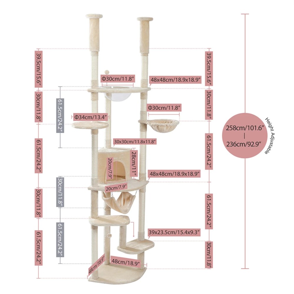 Pefilos Floor to Ceiling Cat Tree for Indoor 92.9"-101.6" Height Adjustable Cat Tower Tall Kitty Climbing Play House with Scratching Posts, Cozy Cat Condo, Perches and Large Hammock, Beige - Image 3