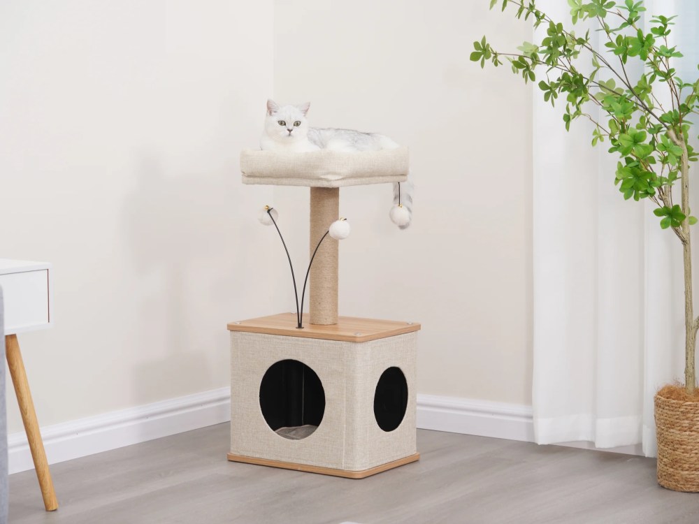 Vibrant Life 3-Level 30" Minimalist Cat Tree with Large Condo and Perch, 3 Toys, Beige - Image 3